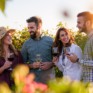 Happy friends having fun drinking wine at winery vineyard.