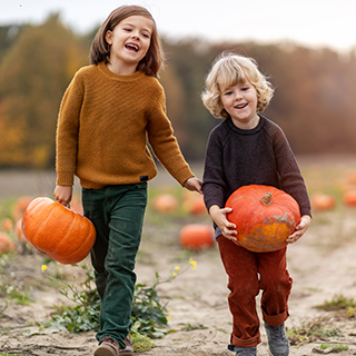 Two little boys having fun in a pumpkin patch.