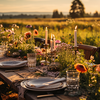 Outdoor dinner table in field at sunset.