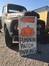 Vintage truck with Pumpkin Parking sign at Ditmars Orchard.