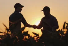 Silhouette of two people shaking hands in a field.