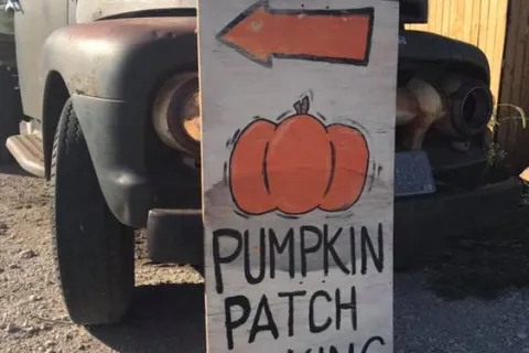 Vintage truck with Pumpkin Parking sign at Ditmars Orchard.