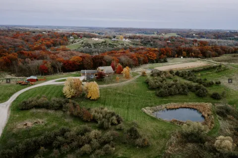 Aerial view of Wills family farm in the fall.